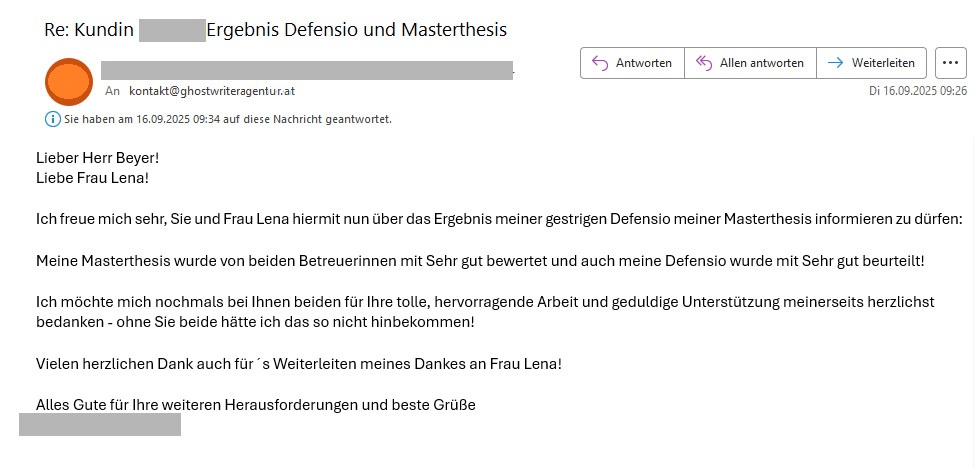 Ghostwriteragentur Österreich Dankesmail_sehrgut